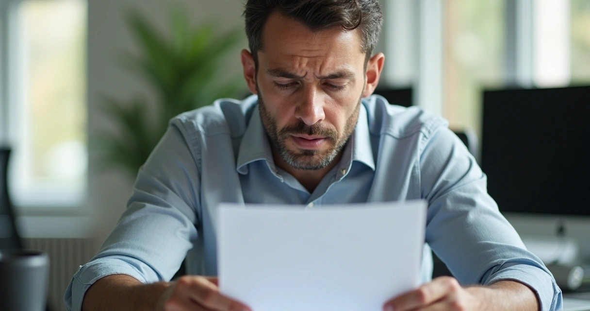 Homem sentado olhando desapontado para um papel, aparentando reflexão e desconforto