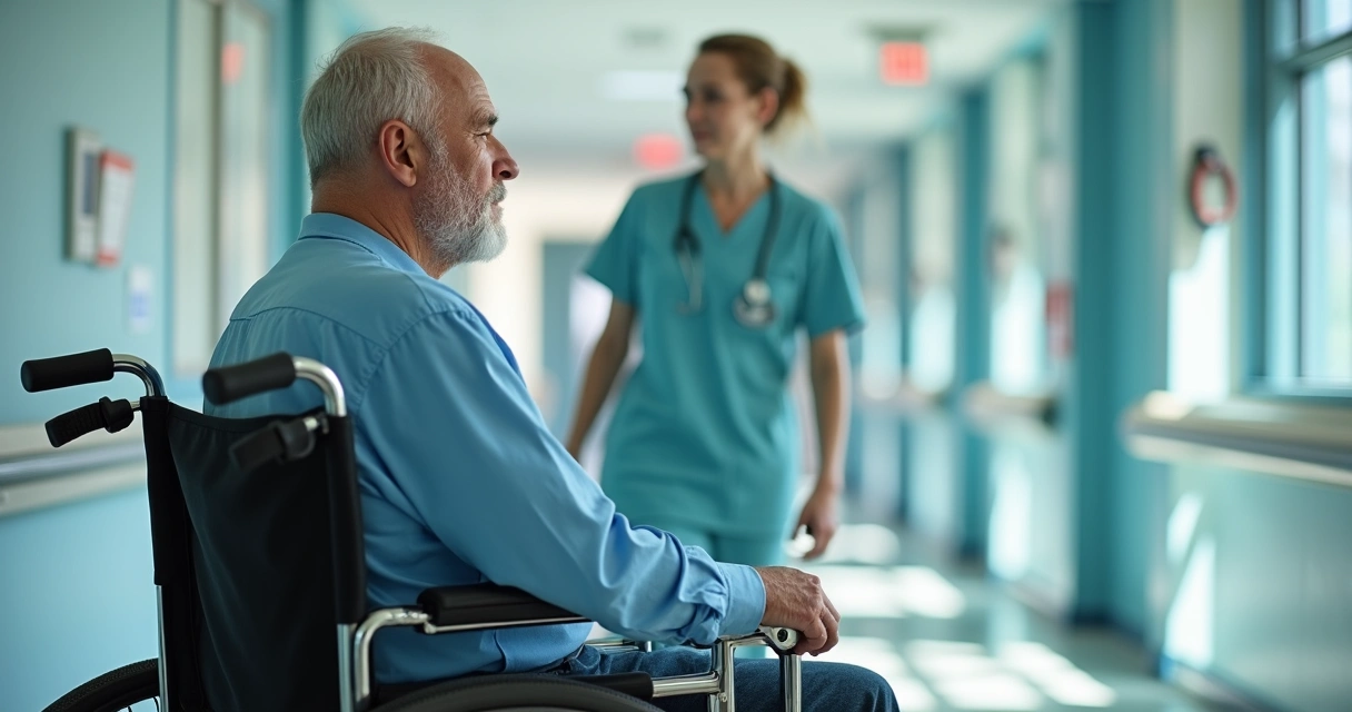 Homem em cadeira de rodas após cirurgia de aneurisma