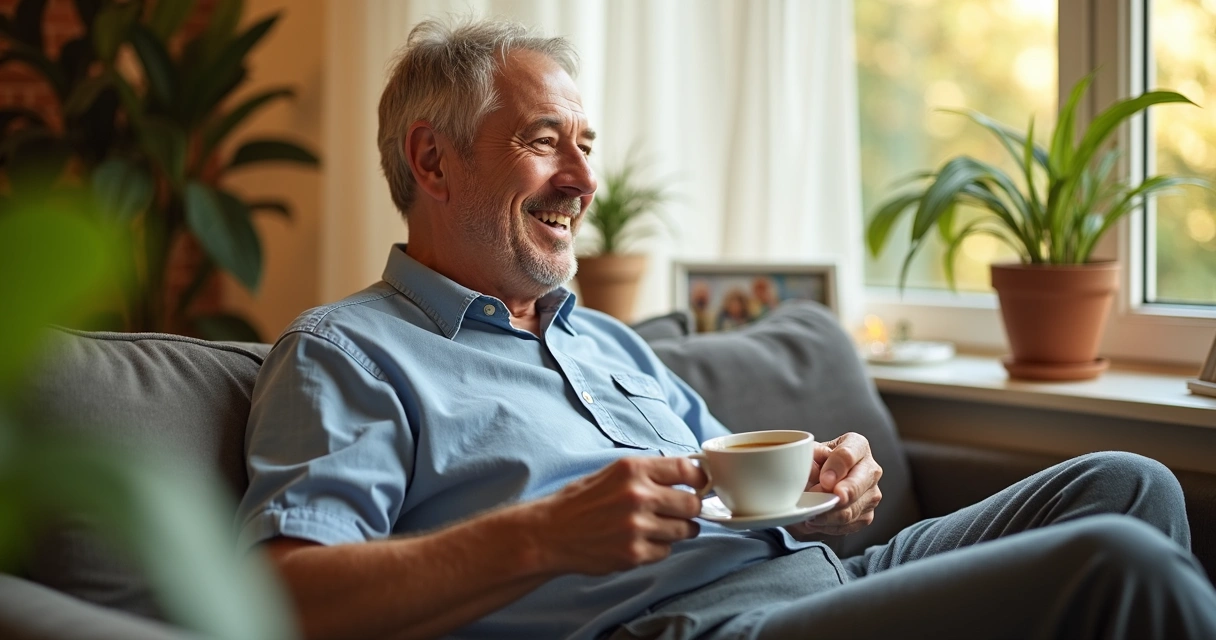 Homem sentado em casa, sorrindo, após cirurgia de prótese peniana