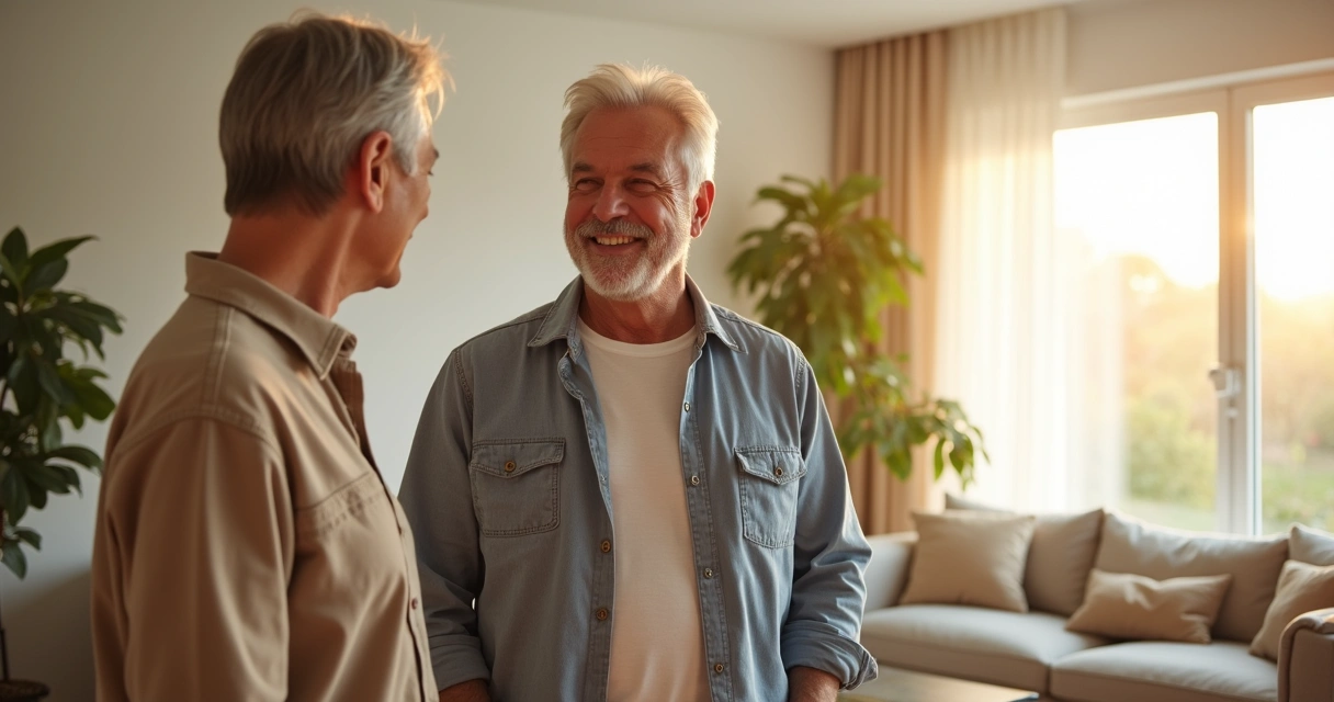 Homem sorrindo ao lado do parceiro mostrando leveza e bem-estar