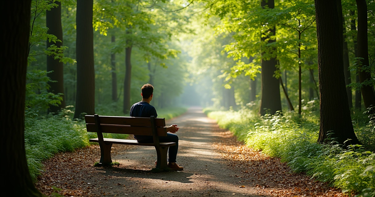 Homem sentado refletindo entre dois caminhos abertos em floresta