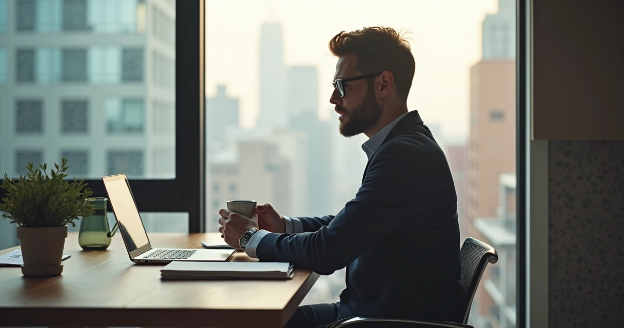 Homem sentado à mesa em escritório refletindo com caneca nas mãos