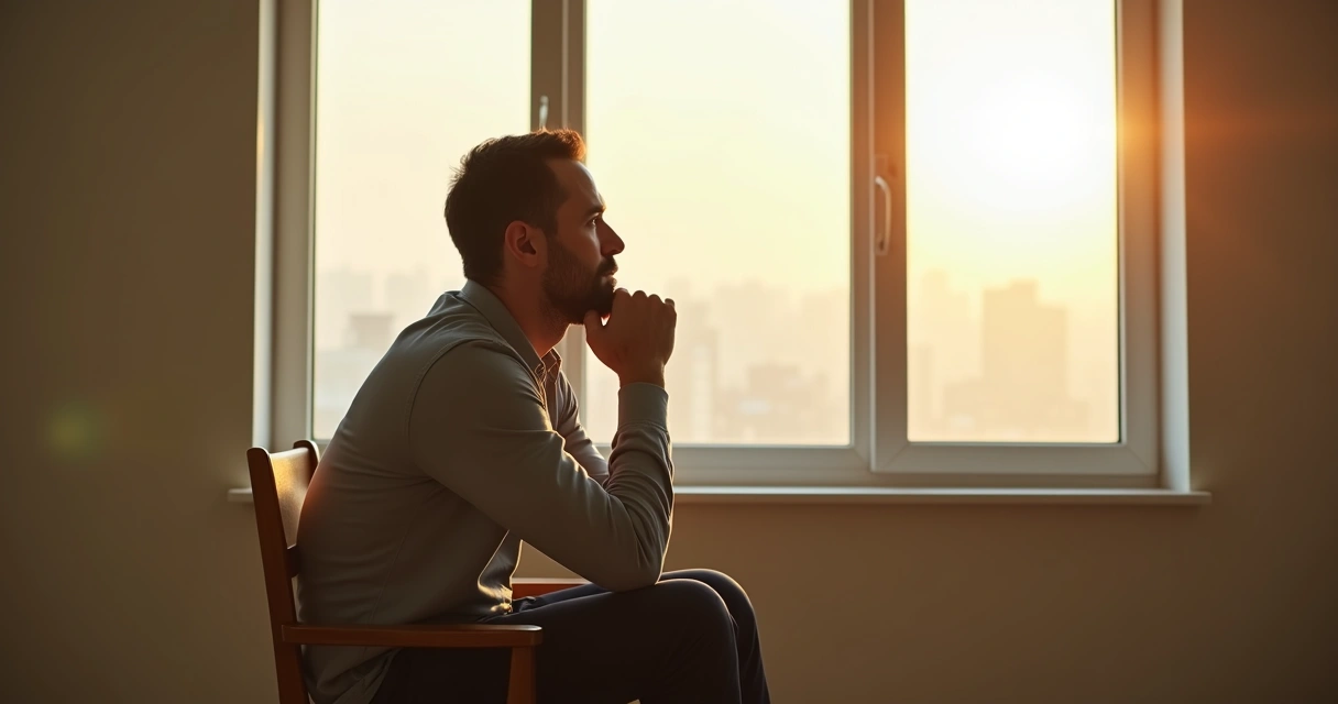 Homem sentado em cadeira olhando pela janela, mãos juntas no queixo. 