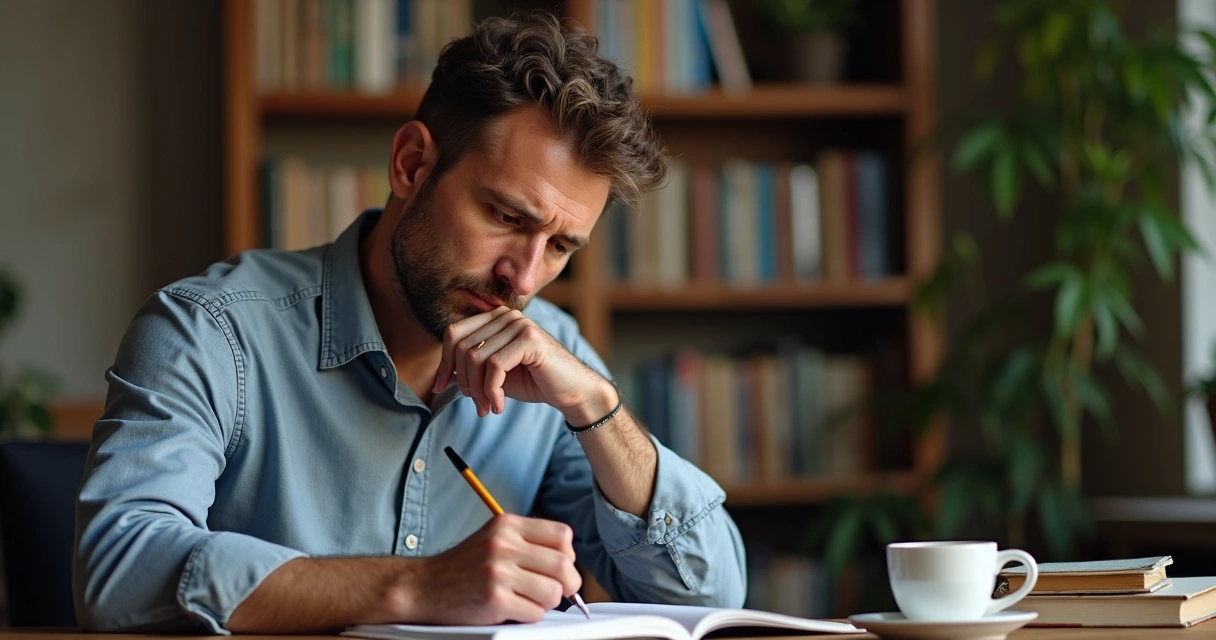 Homem sentado escrevendo em caderno branco