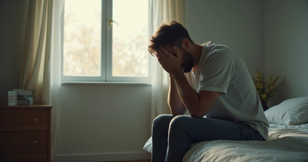 Homem sentado na cama, apoiando o rosto nas mãos, pensativo.