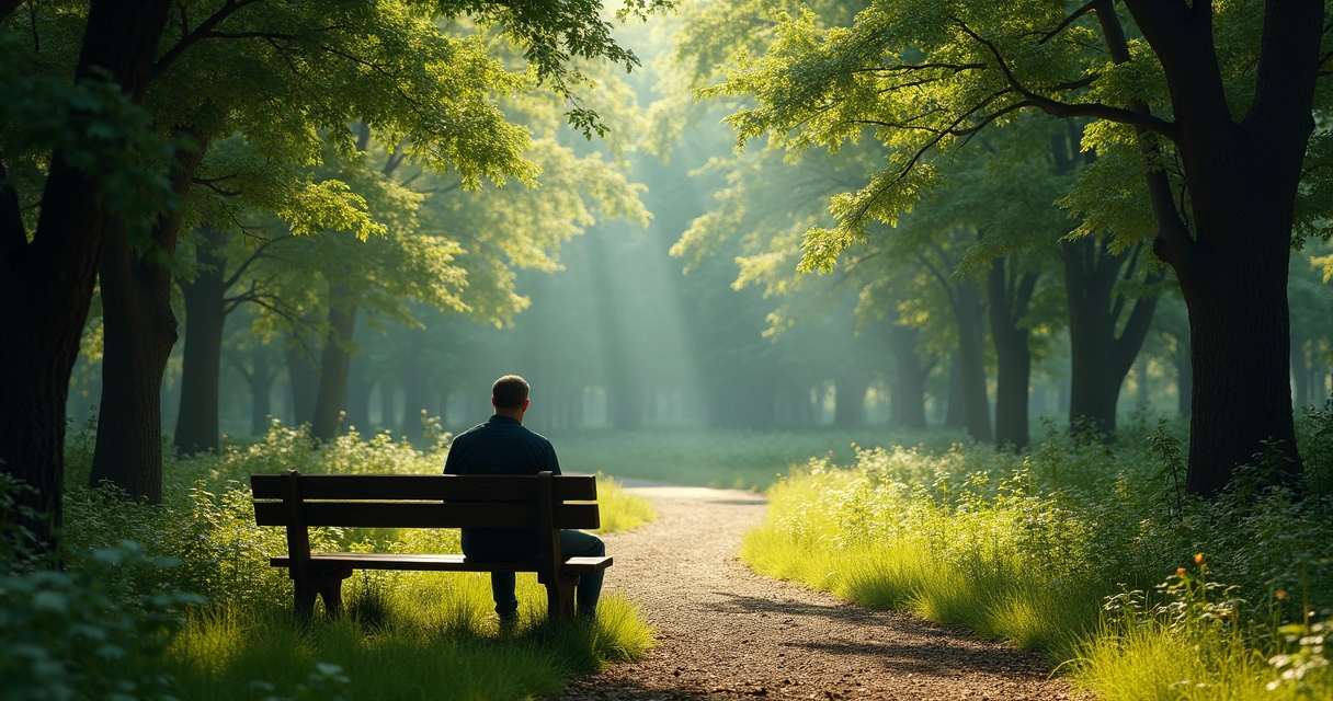 Homem sentado sozinho em um banco olhando para um caminho na floresta