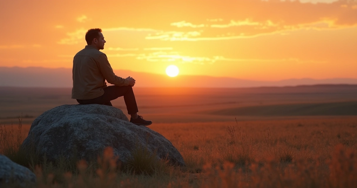 Homem sentado sozinho sobre uma pedra em meio a um campo aberto, olhando para o horizonte ao entardecer. 