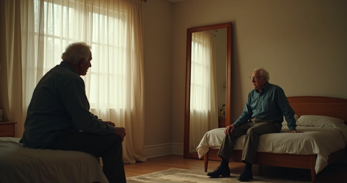 Homem sentado sozinho, olhando para o próprio reflexo no espelho.