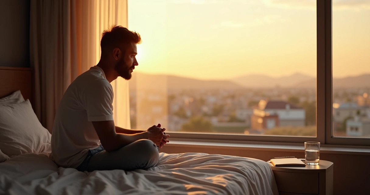 Adulto sentado à beira da cama olhando pela janela em momento de reflexão 