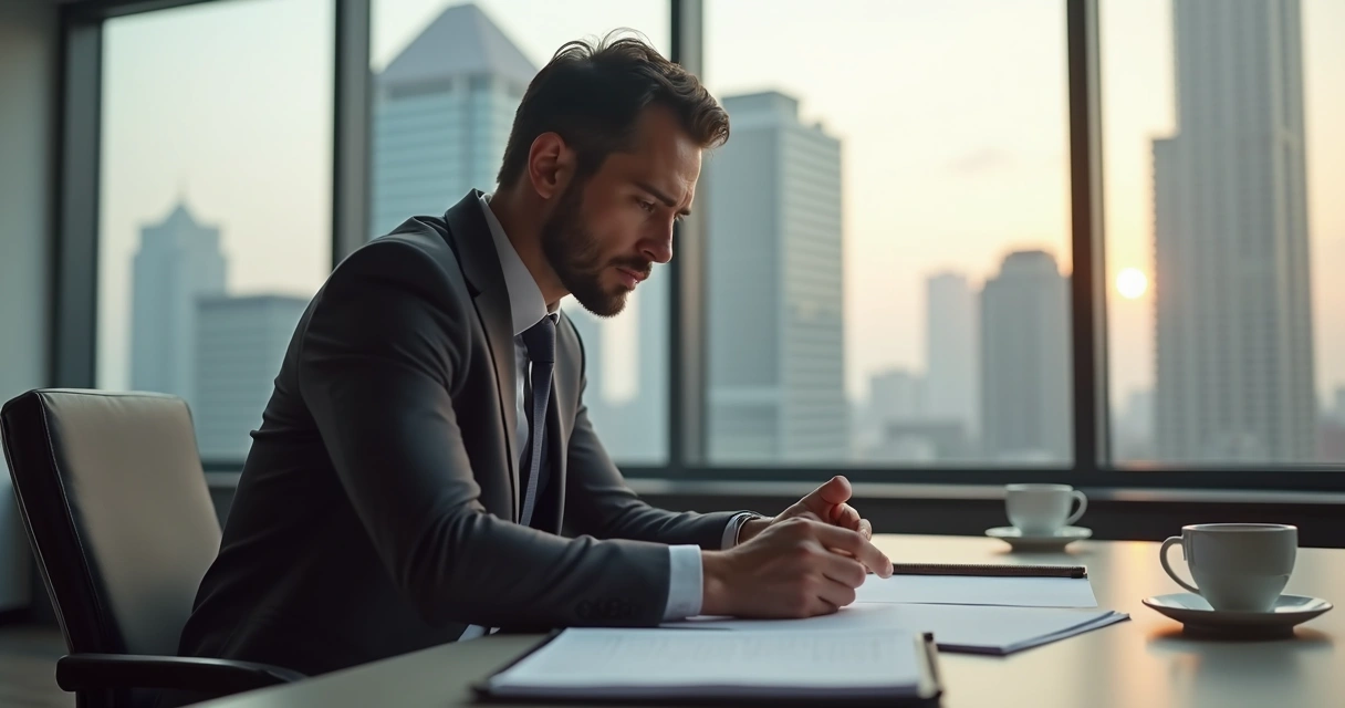 Homem sentado no escritório refletindo sobre críticas recebidas