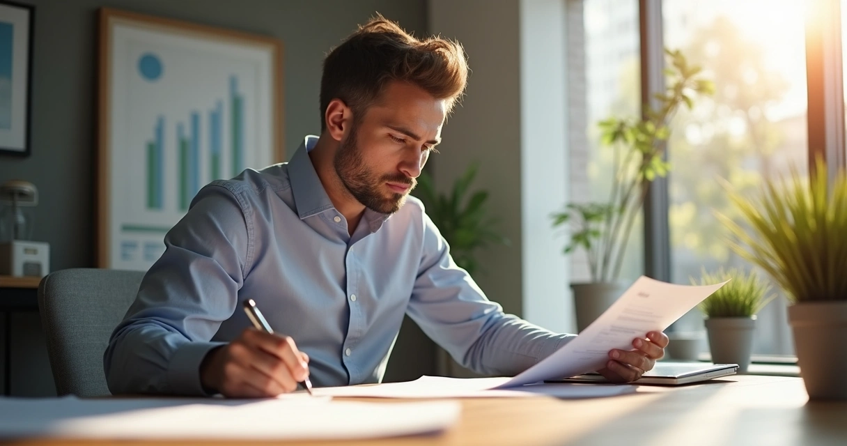 Homem refletindo e tomando decisão em ambiente de trabalho 