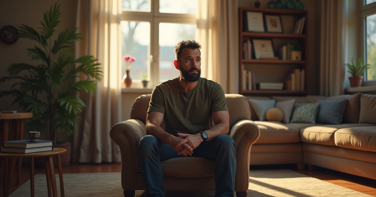 Homem sentado em uma sala silenciosa refletindo em um ambiente caseiro iluminado por luz natural 