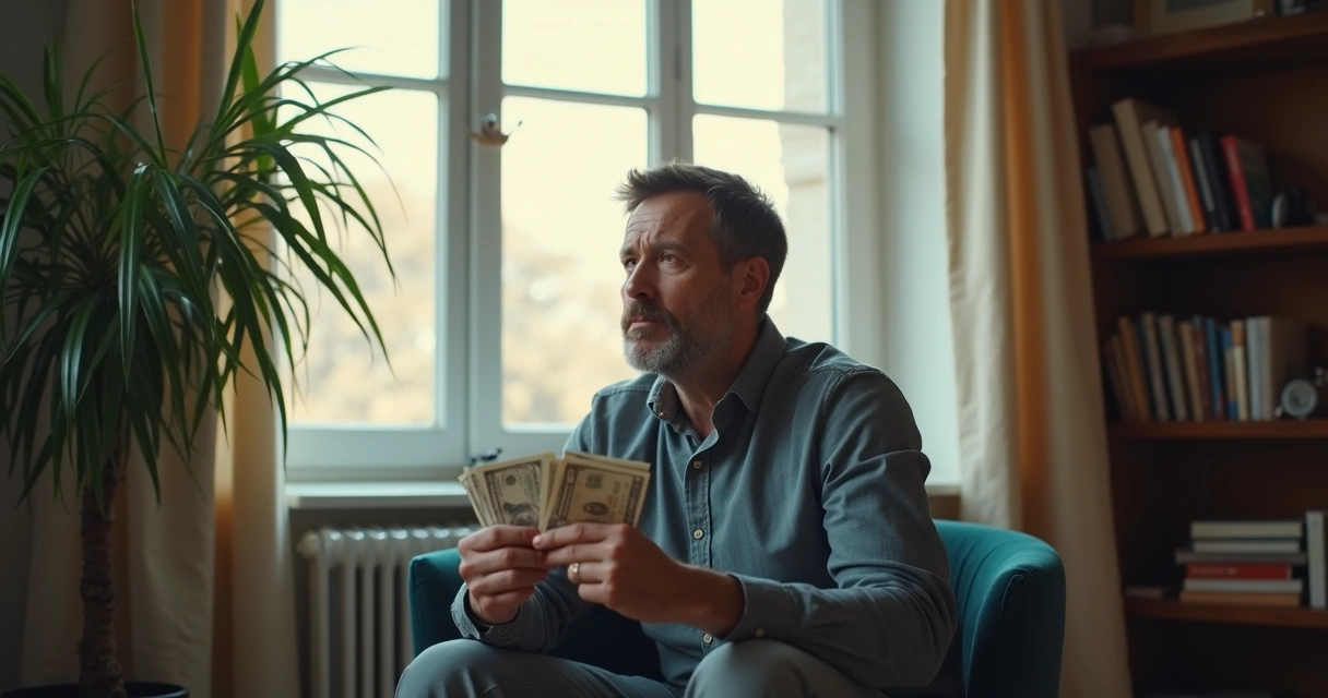 Homem pensativo segurando notas de dinheiro perto de uma janela 