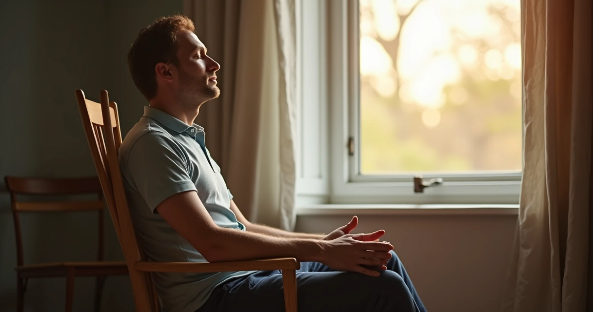 Homem sentado refletindo e respirando profundamente ao lado de uma janela aberta 