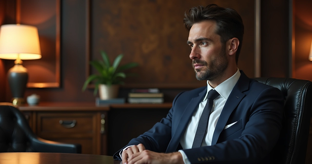 Homem sentado em escritório moderno, expressão pensativa, com luz suave e ambiente sofisticado 