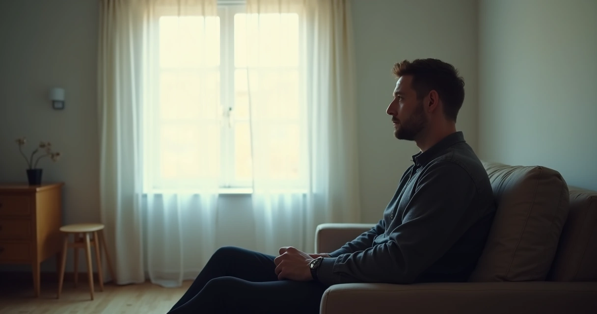 Homem sentado em uma cadeira, olhando pela janela pensativo 