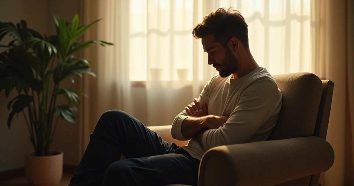 Homem sentado em poltrona, olhando para baixo em um ambiente tranquilo, refletindo intensamente.