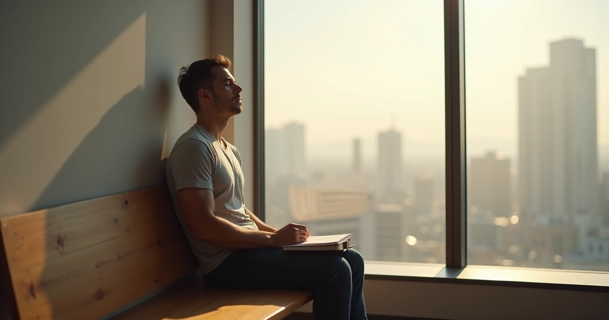 Homem sentado refletindo sobre emoções diante da janela 