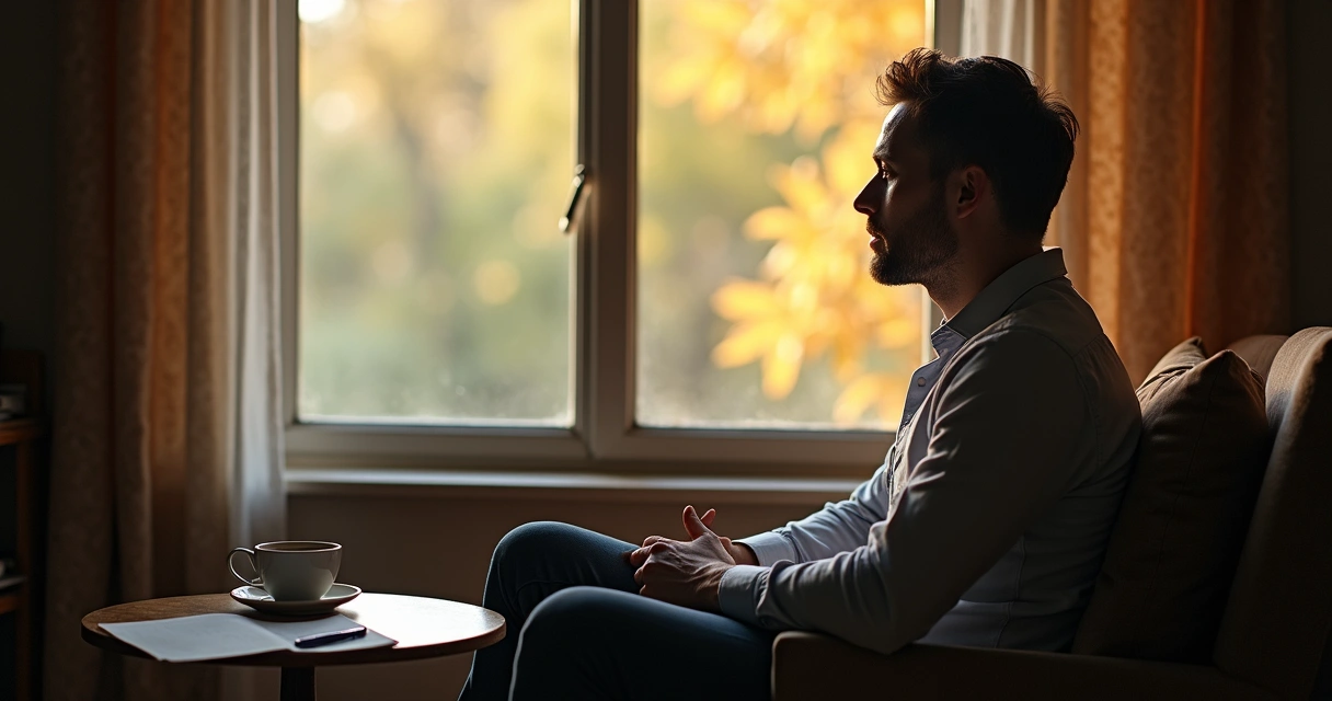 Homem sentado em cadeira olhando pela janela, pensativo, com luz suave sobre o rosto 