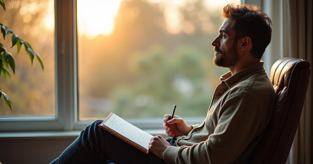 Homem sentado olhando pela janela com expressão reflexiva e caderno nas mãos