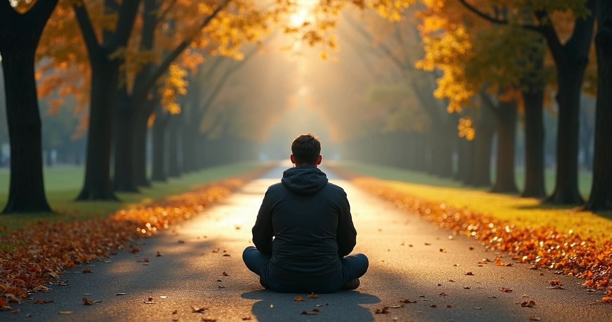 Homem sentado pensando diante de dois caminhos em uma bifurcação 