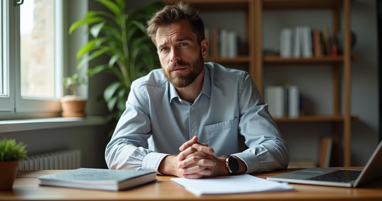 Homem refletindo, sentado numa escrivaninha organizada com luz suave 