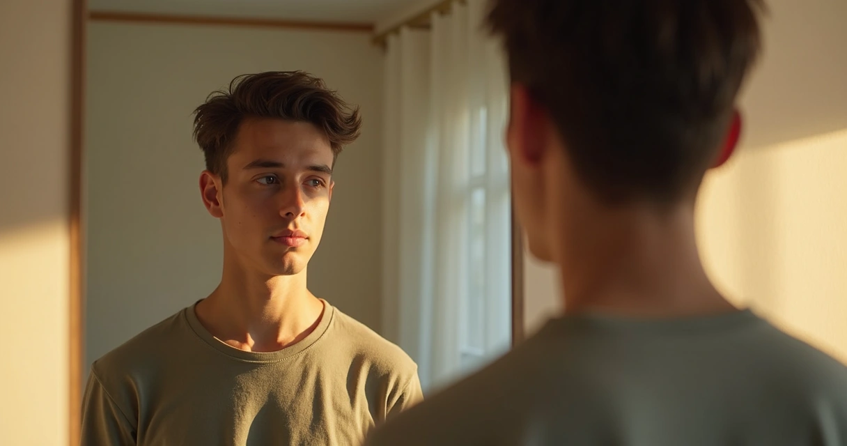 Homem olhando para espelho, refletindo sobre si mesmo