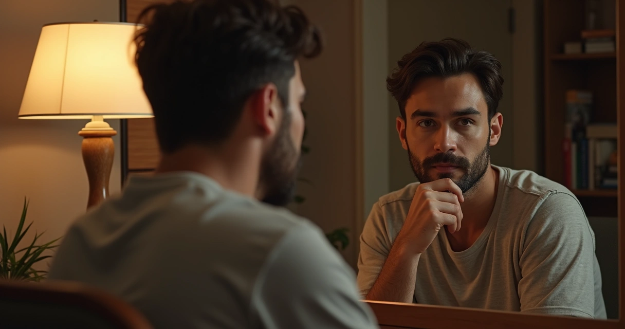 Homem sentado à frente de um espelho, refletindo em silêncio 