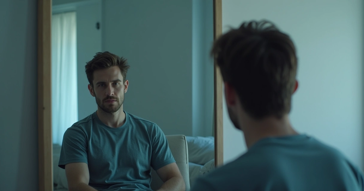 Homem sentado em frente a um espelho, refletindo seu próprio rosto 