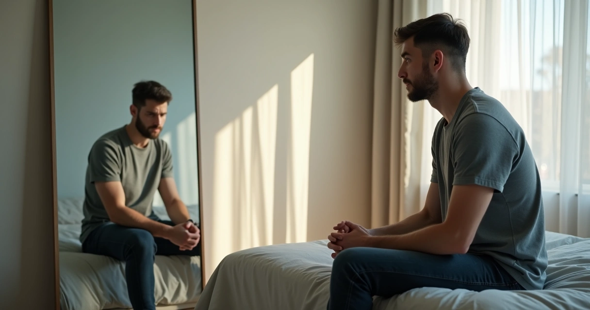 Homem pensativo diante de espelho com sombra distorcida ao fundo 