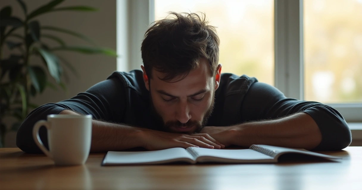 Homem sentado à mesa apoiando a cabeça nas mãos de olhos fechados