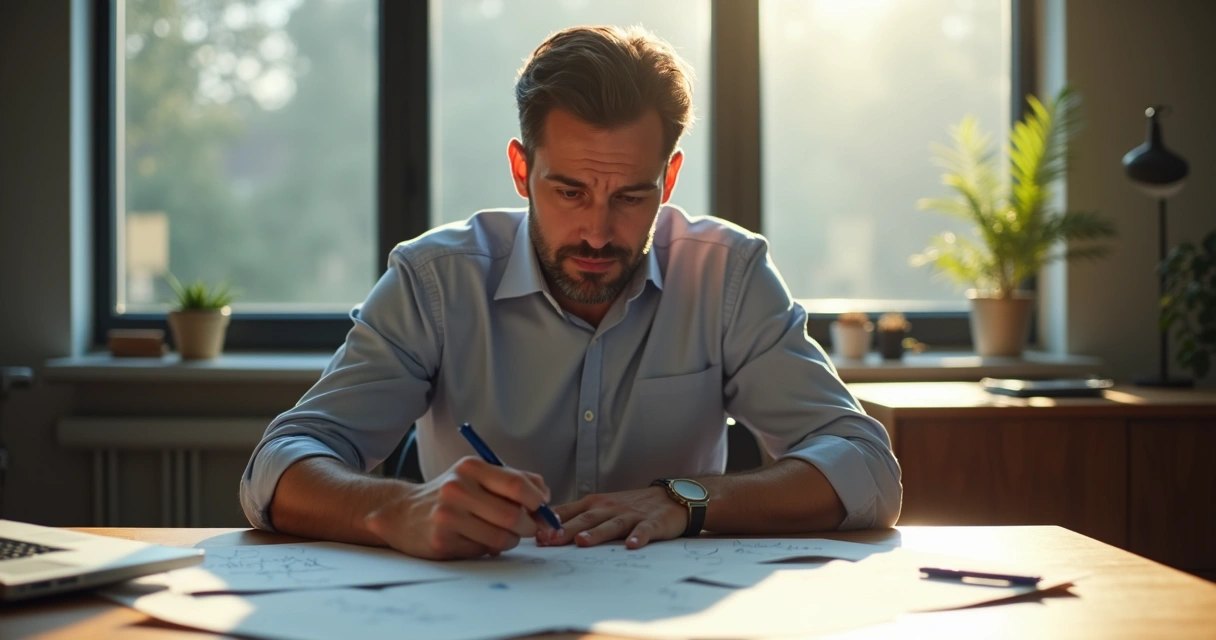 Homem sentado pensando diante de anotações em um escritório 
