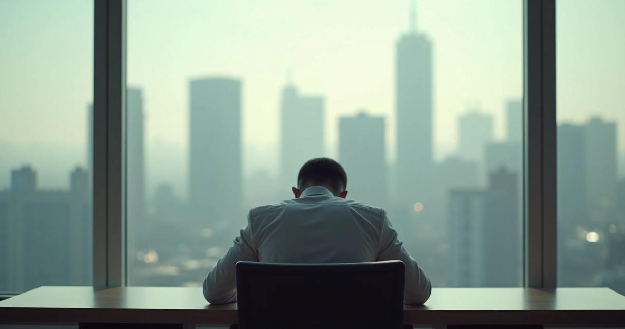 Homem sentado olhando para baixo em um escritório vazio. 