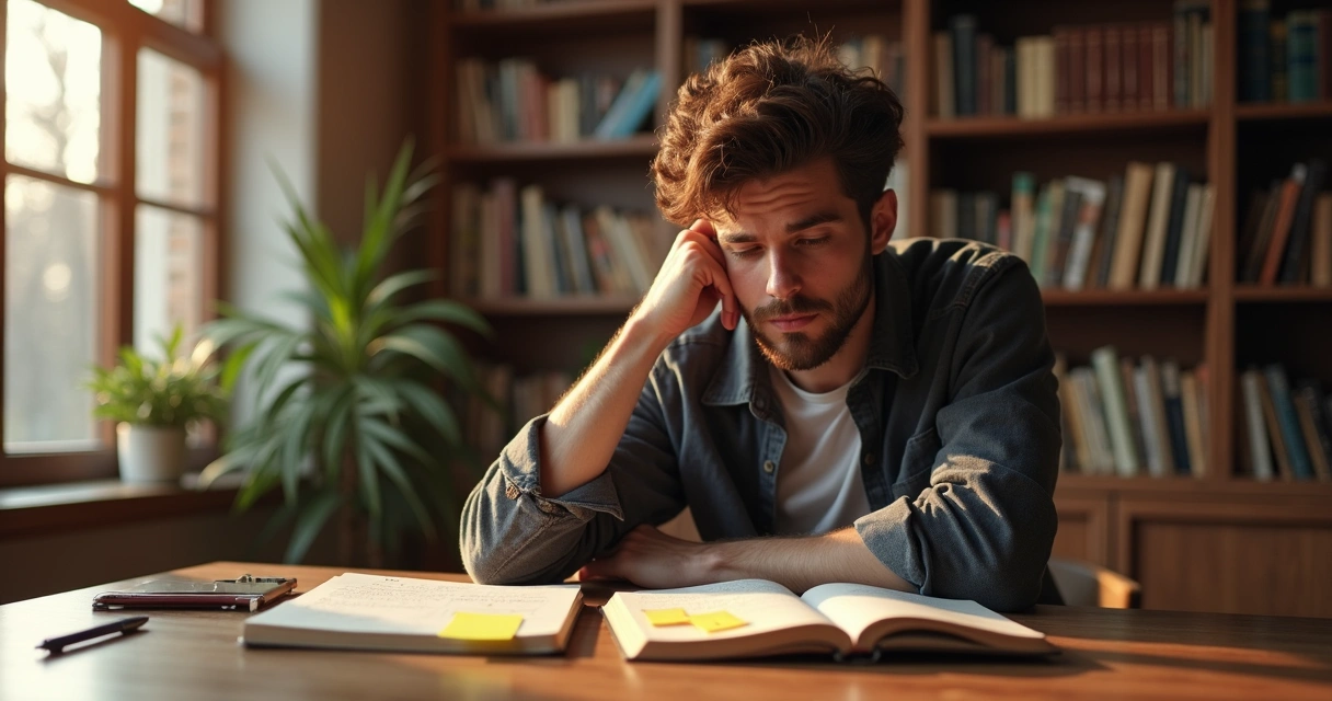 Homem sentado pensativo diante de livros e anotações sobre filosofia 