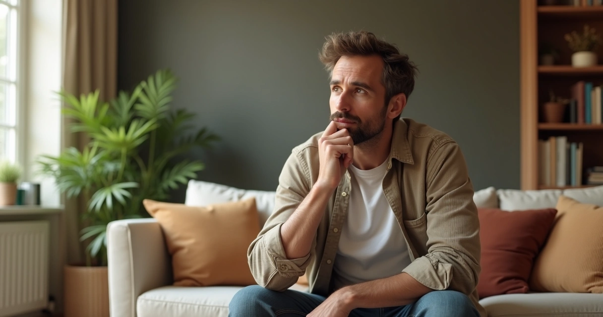 Homem sentado refletindo com expressão pensativa em ambiente calmo e moderno 