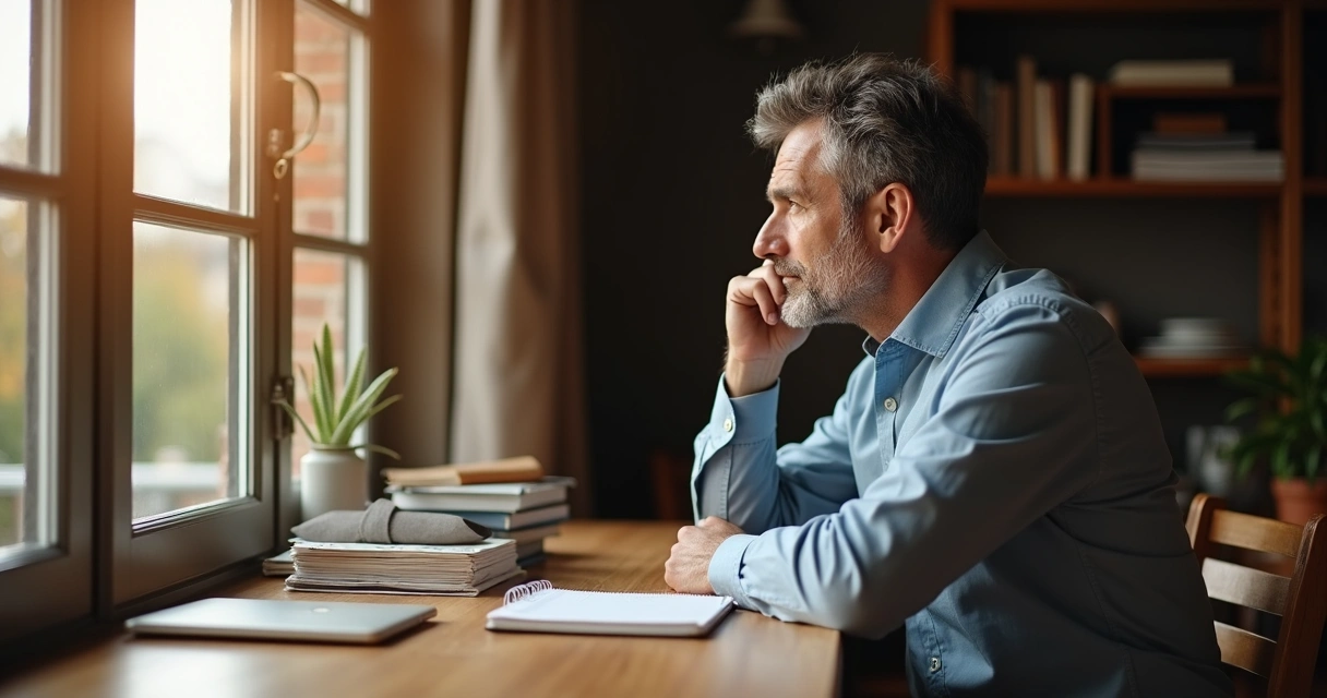 Homem sentado em uma mesa olhando para a janela, expressão pensativa, luz suave e ambiente interno