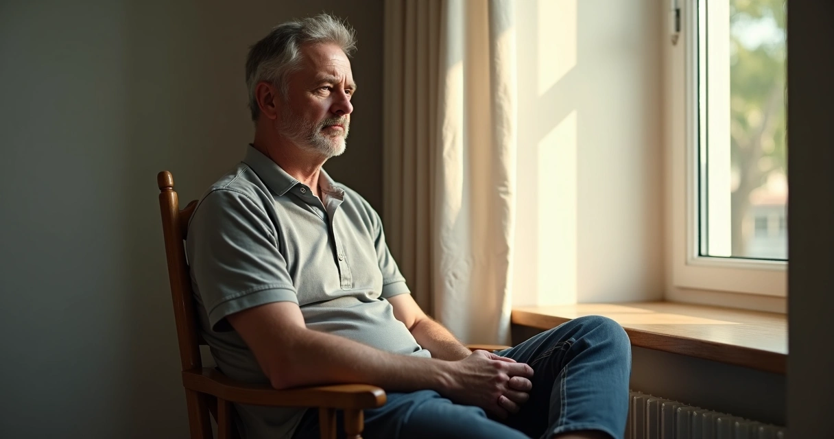 Homem olhando pela janela pensativo 