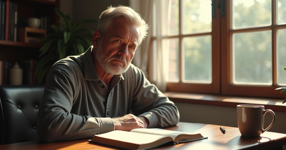 Homem olhando pensativo pela janela em ambiente iluminado pela manhã.