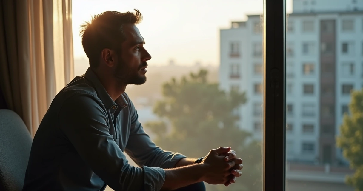 Homem refletindo e olhando pela janela