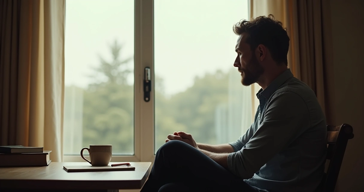 Homem sentado em frente à janela, olhando para fora de forma contemplativa.