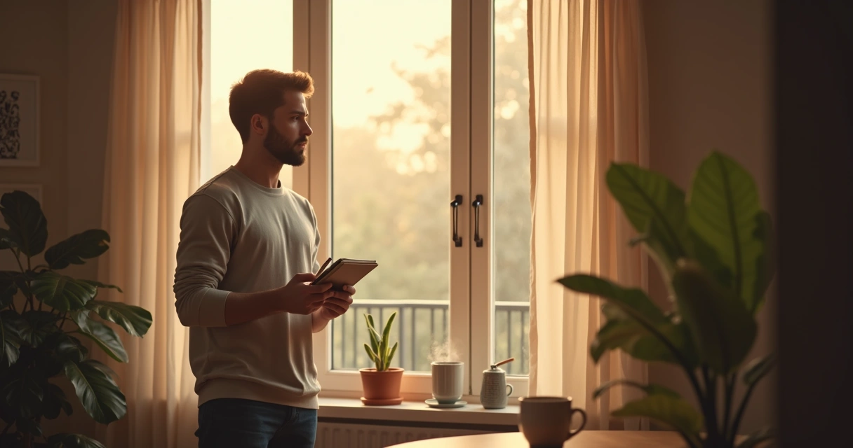 Pessoa olhando para fora da janela, refletindo em silêncio
