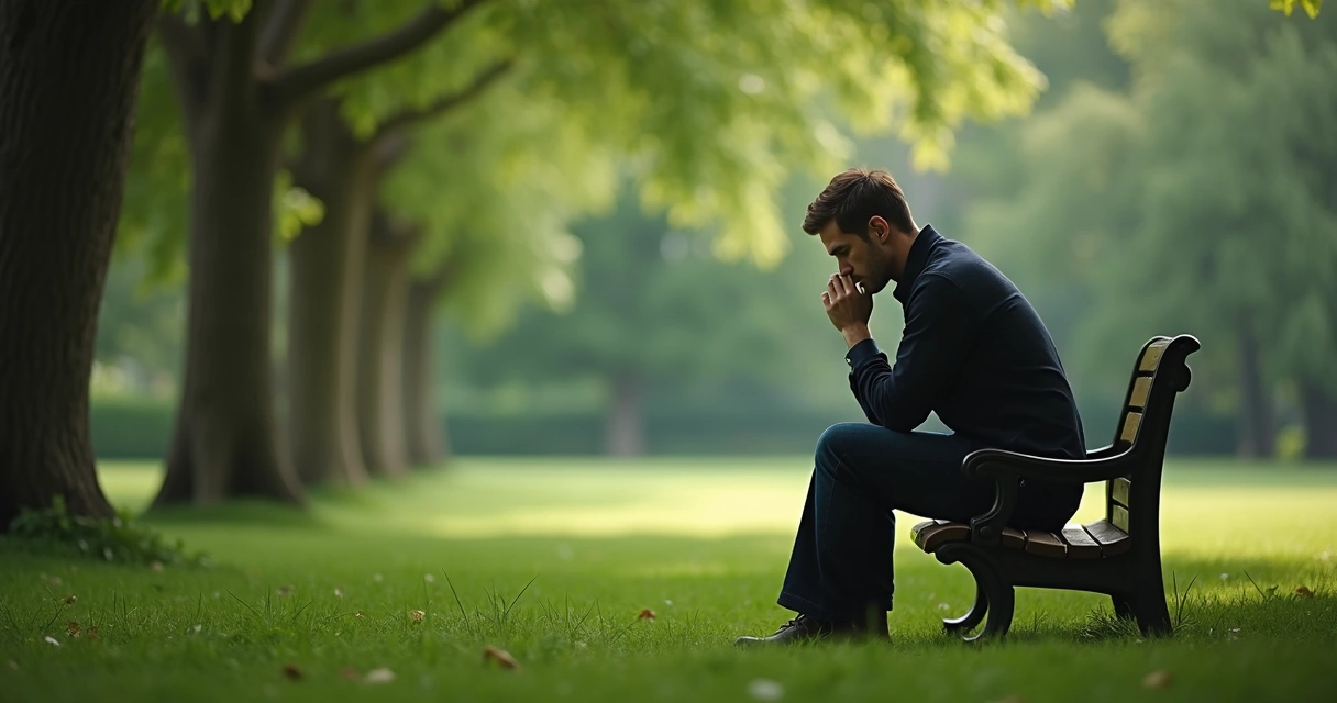 Homem sentado em um jardim olhando pensativo para o chão 