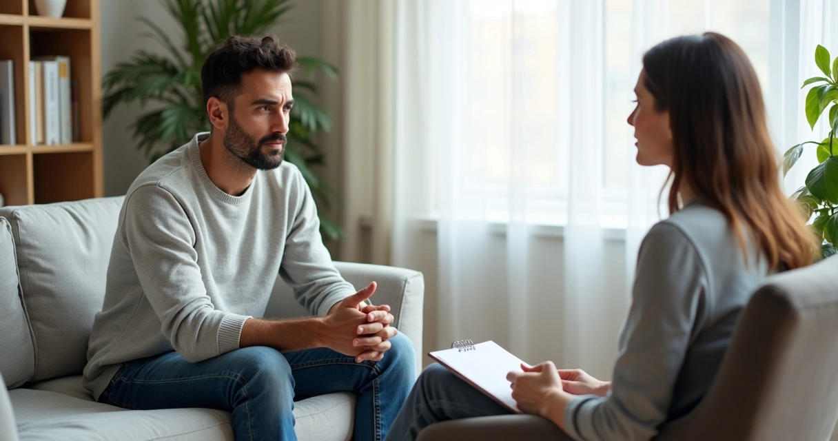 Homem pensativo em consulta psicológica em consultório acolhedor 