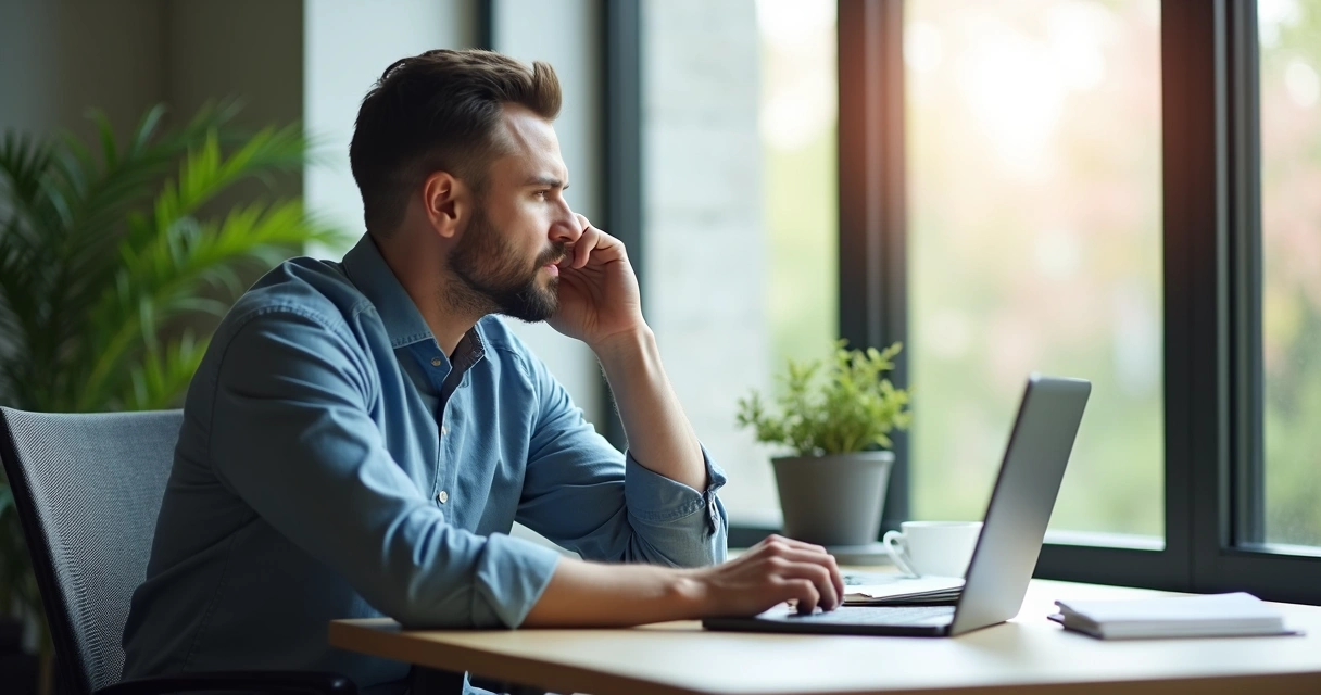 Homem sentado olhando pela janela, expressão pensativa, escritório moderno ao fundo
