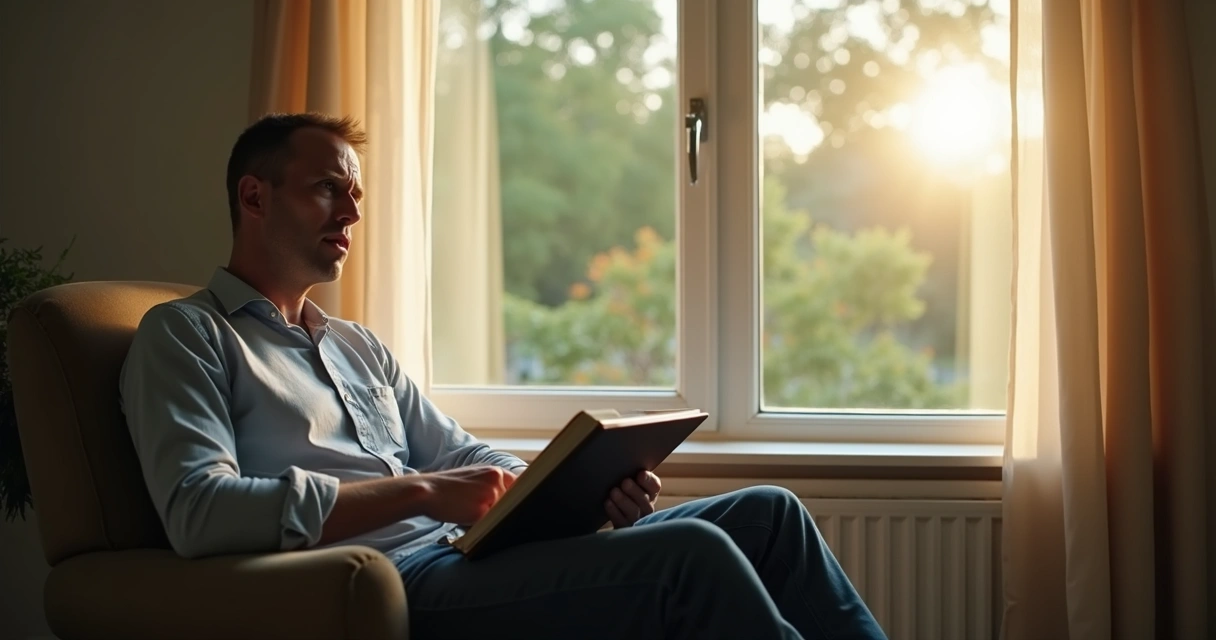 Homem sentado refletindo diante de uma janela em um ambiente iluminado.