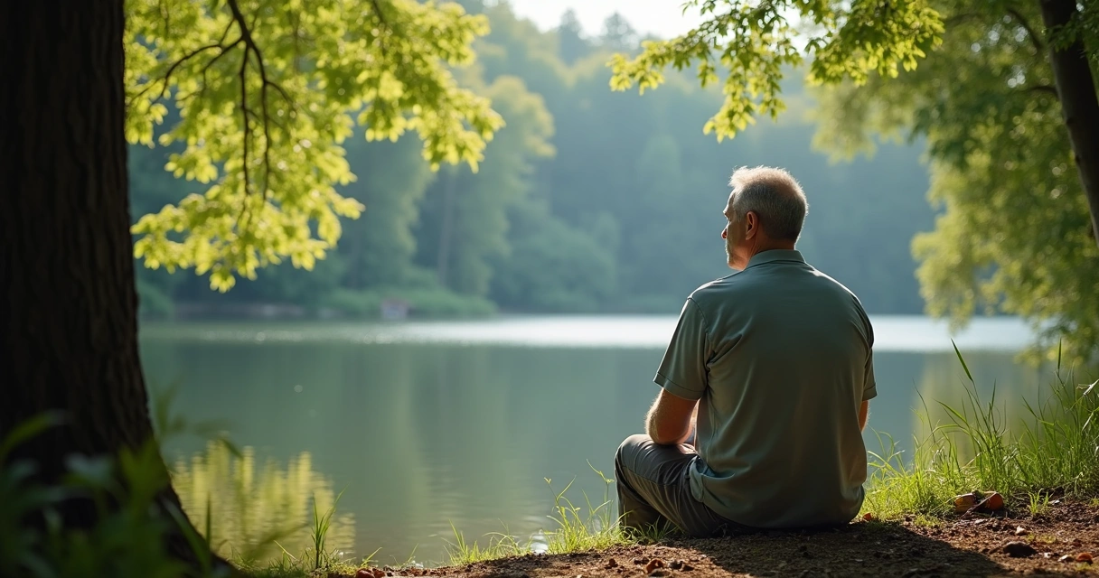 Homem sentado sozinho refletindo perto de árvores 