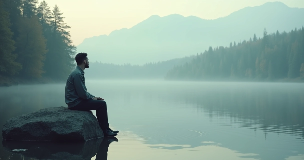 Homem sentado sozinho em pedra na natureza olhando lago tranquilo 