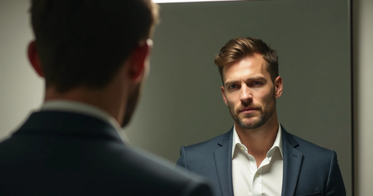 Homem refletindo diante de um espelho com expressão contemplativa 