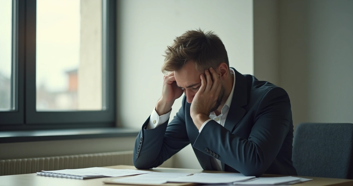 Homem sentado em mesa de escritório, apoiando a cabeça na mão, olhando para baixo, em reflexão profunda. 