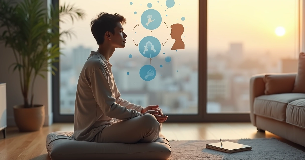 Pessoa sentada em silêncio observando pensamentos e emoções em um ambiente tranquilo 